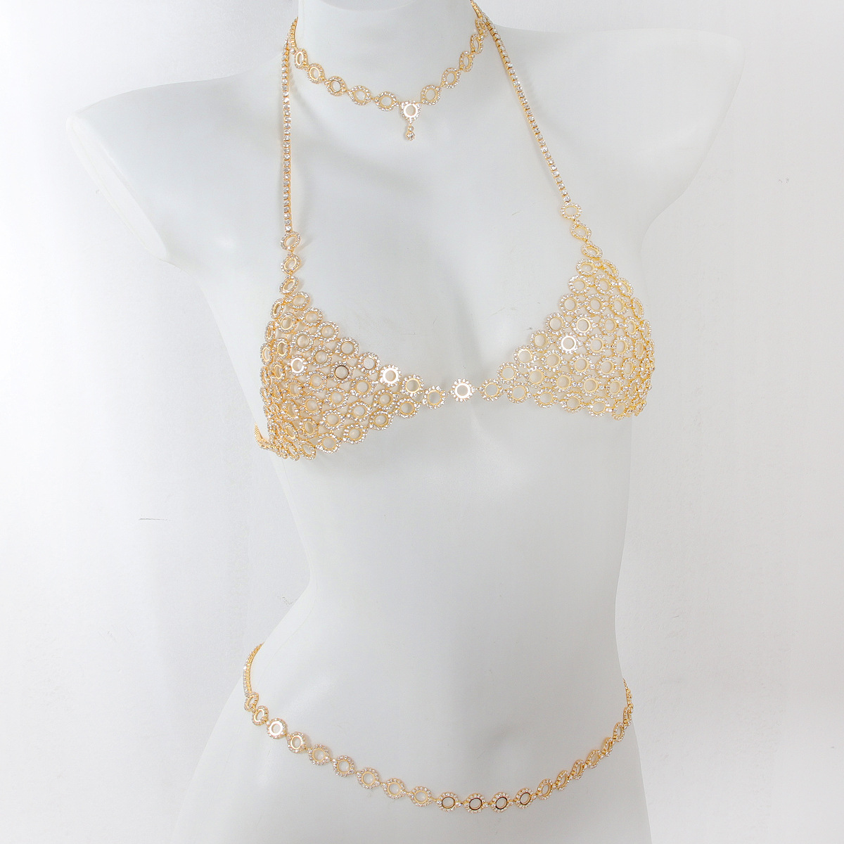Body Jewelry Art - ブラとウエストチェーンのスリーピースセット,ラインストーン付きの円形ジュエリー,スプライスライト,豪華なスタイル,ファッショナブルなボディチェーン