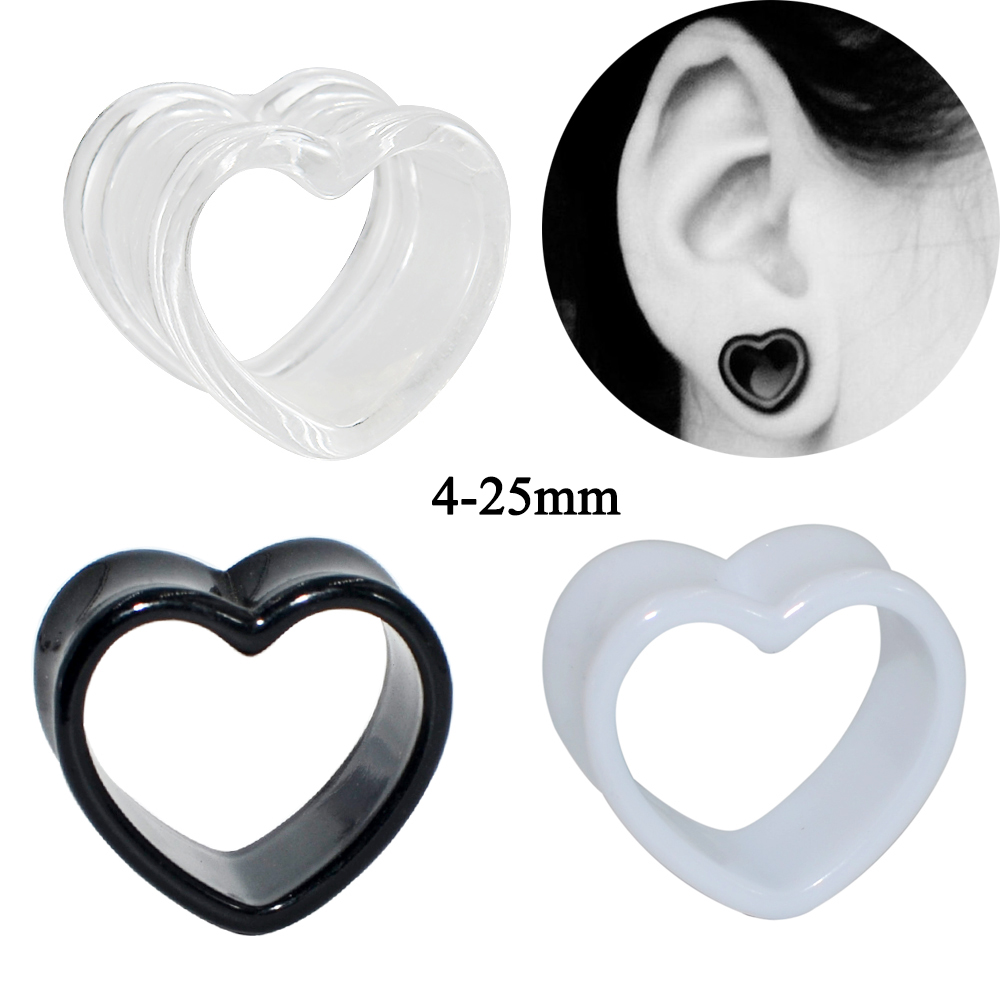 Body Jewelry Ear Plugs - アクリル愛黒、白ハート型中空透明耳ゲージピアスクリア耳トンネル耳エキスパンダー 4 ミリメートル-25 ミリメートル