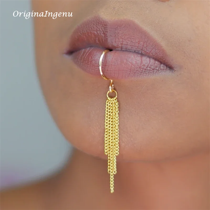 Body Jewelry Lip Ring - 14Kゴールドフィルドチェーンリップカフ、変色防止、ハンドメイドリップリング、ピアス不要、ジュエリー、ボディジュエリー、防水、フェイクリップリング