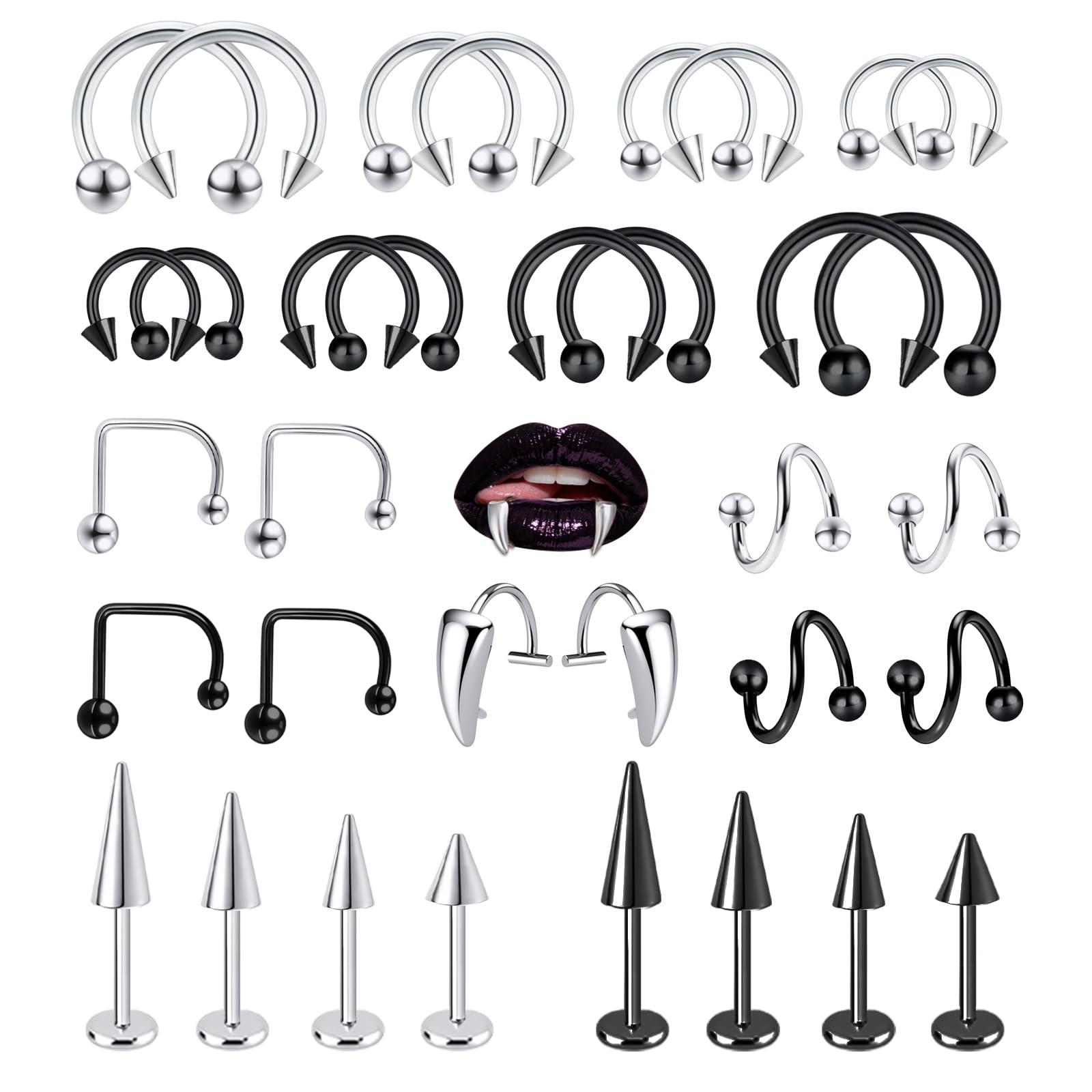 Body Jewelry Vertical Labret - 16 G蛇咬穿孔リップ飾りバーベルリング螺旋釘鼻釘ステンレス垂直螺旋アクセサリー34点/スリーブ