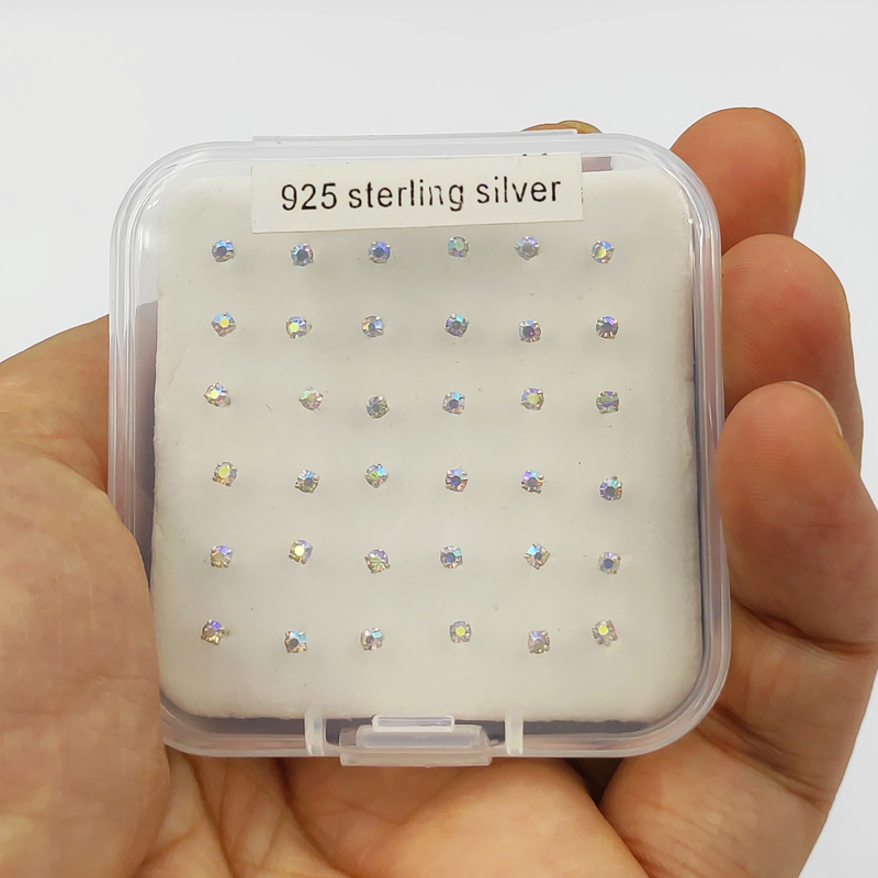 Body Jewelry Jewelry Box - 925 スターリングシルバーノーズスタッド 2.0 ミリメートルクリアクリスタルストレートシルバーナリズピアスジュエリー 36 個新しい梱包箱付き