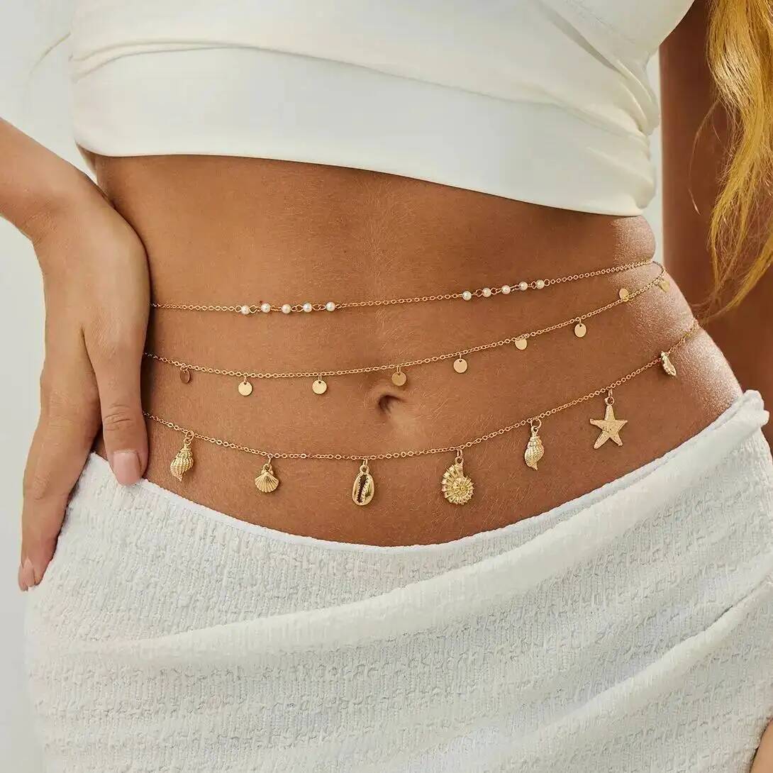 Body Jewelry Chain - IngeSight.Z 3 ピース/セット自由奔放に生きるヒトデ巻貝ペンダントウエストベリーチェーン女性の夏のビーチセクシーなビキニベルトボディジュエリーアクセサリー