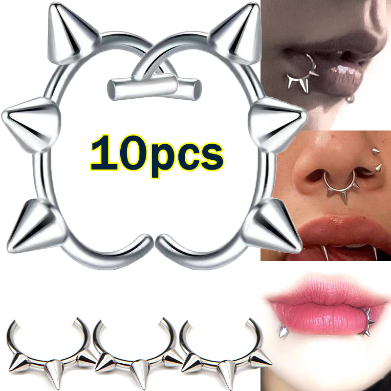 Body Jewelry Lip Ring - 10 個パンクノーズリング 1 つの爪デュアル使用リップリングステンレス鋼 C 型フェイクリベットクリップ非ボディピアスフープジュエリー