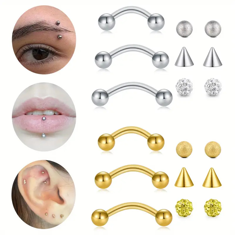 Rook Curved Barbell - 16 Gステンレスアーチ形Barbellリップ/腹/眉リングRook Daithピアスピアスピアス穴あきジュエリー3点、6個の交換ボール付き