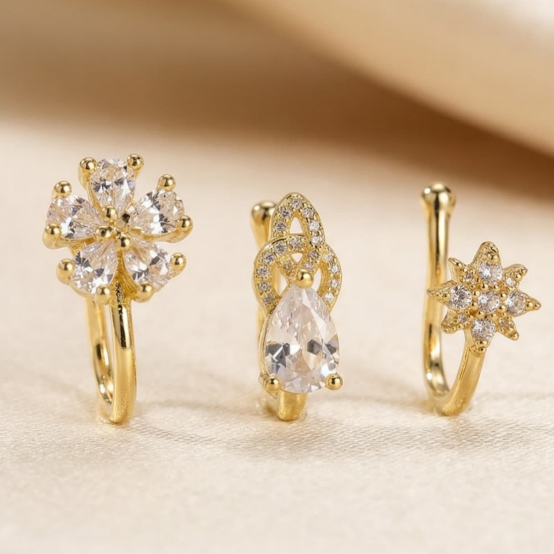 Body Jewelry Materials - 3ピースのフレンチスタイルのミニマルで多用途なノーズクリップセット、人工ジルコンを象嵌した銅素材、ホリデーギフト、パーティーに最適