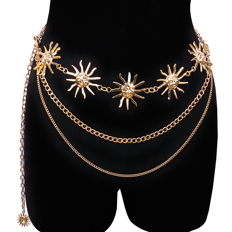 Body Jewelry Chain - チャンキーな多層パンクゴシックムーンサンウエストチェーンメタルウエストベルト、女性用ドレスジュエリーボディチェーンジュエリー