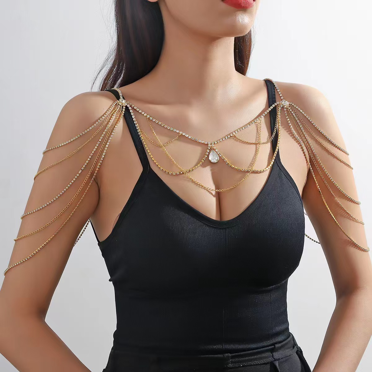 Body Jewelry Hot - 売れ筋爆発的人気！幾何学模様ラインストーンの個性的な多層セクシーショルダーチェーン、ナイトクラブでおしゃれな輝きを添えるボディチェーン