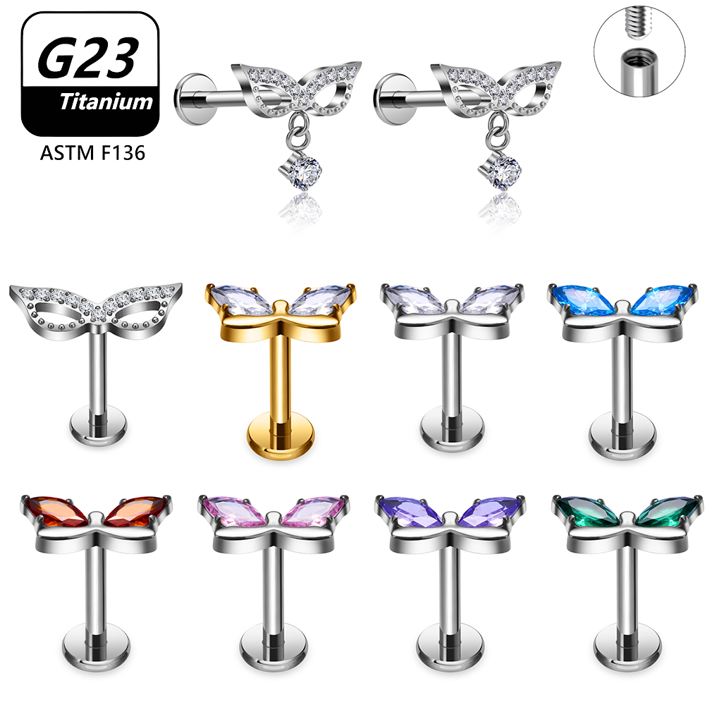 Body Jewelry Vertical Labret - G23チタン製バタフライタッセルラブレットセット、インターナルスレッド、ヘリックス、トラガス、軟骨、コンチ、セプタム、バーチカルラブレットピアスジュエリー