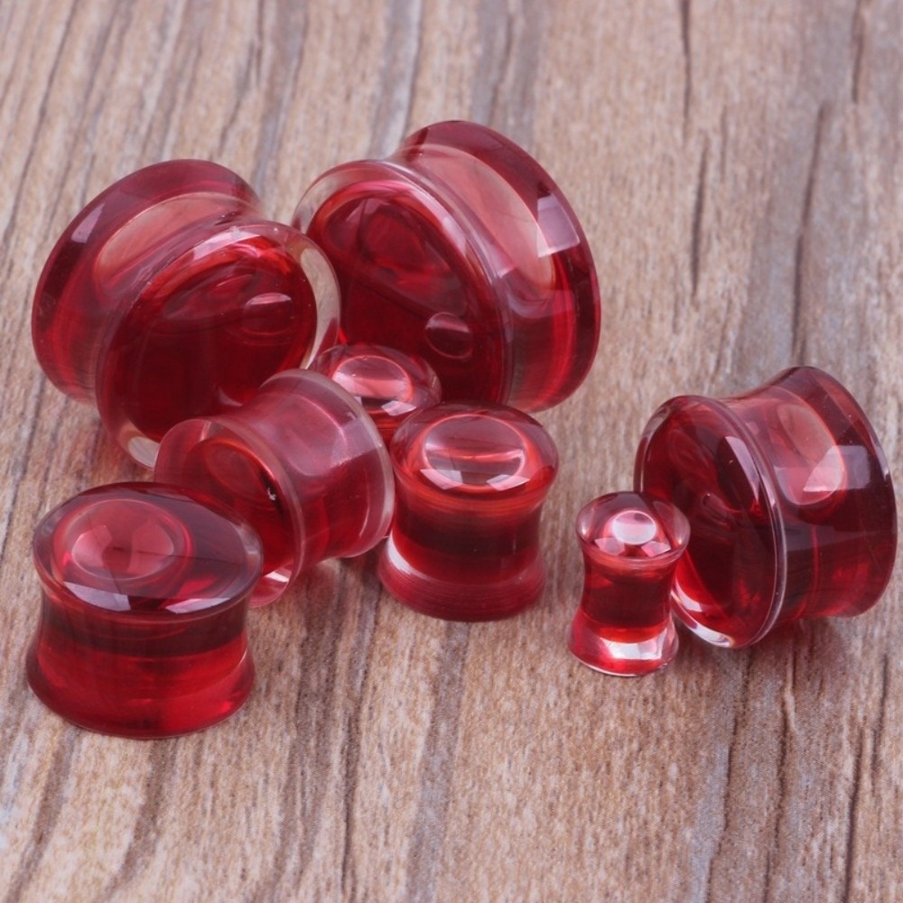 Body Jewelry Ear Plugs - ダブルサドルイヤープラグジュエリー、液体入り透明アクリル製フレッシュトンネル、ピアス、クリアボディ、赤い血色トーン