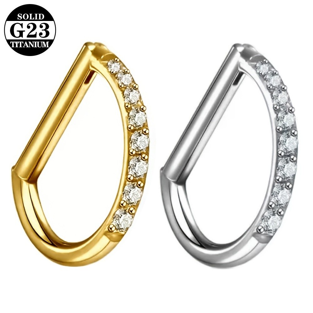 Body Jewelry Materials - ASTM F136規格チタン製セプタムリング CZ 16G D型耳軟骨ピアス ヒンジ付きセグメントクリッカー