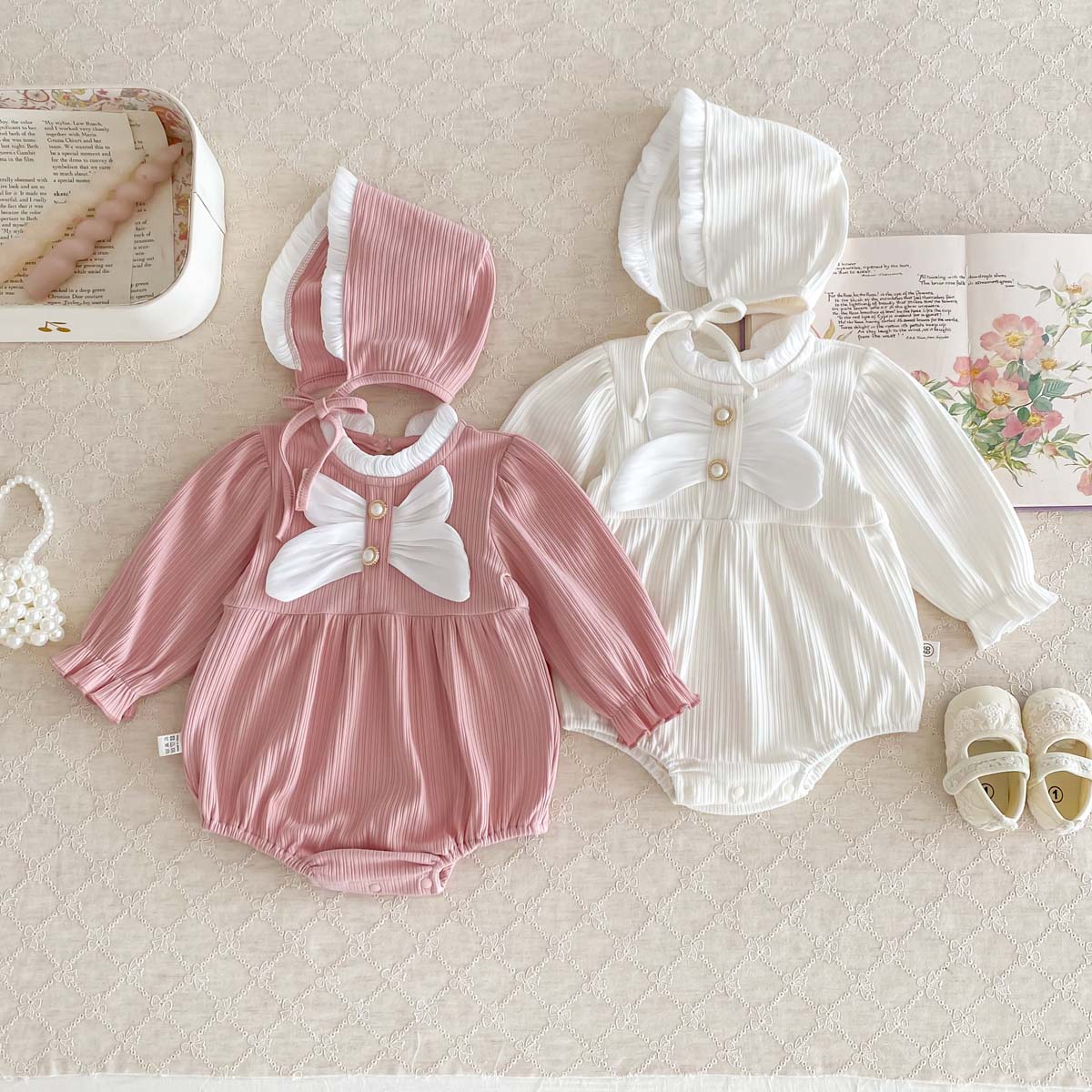 Body Jewelry Plus - 秋のベビーロンパース帽子ビッグリボン立ち襟長袖幼児女の子ボディスーツ満月写真ベビー服甘い