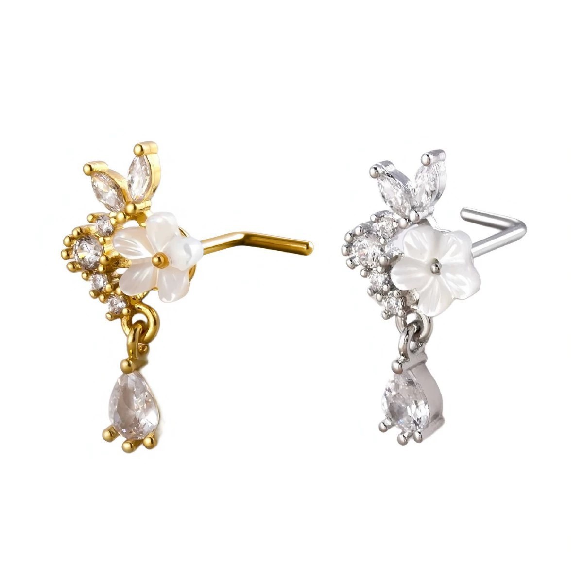 ゴールドフラワーノーズリング、CZクリスタルティアドロップノ - Body Jewelry Nose Ring のレビューと価格