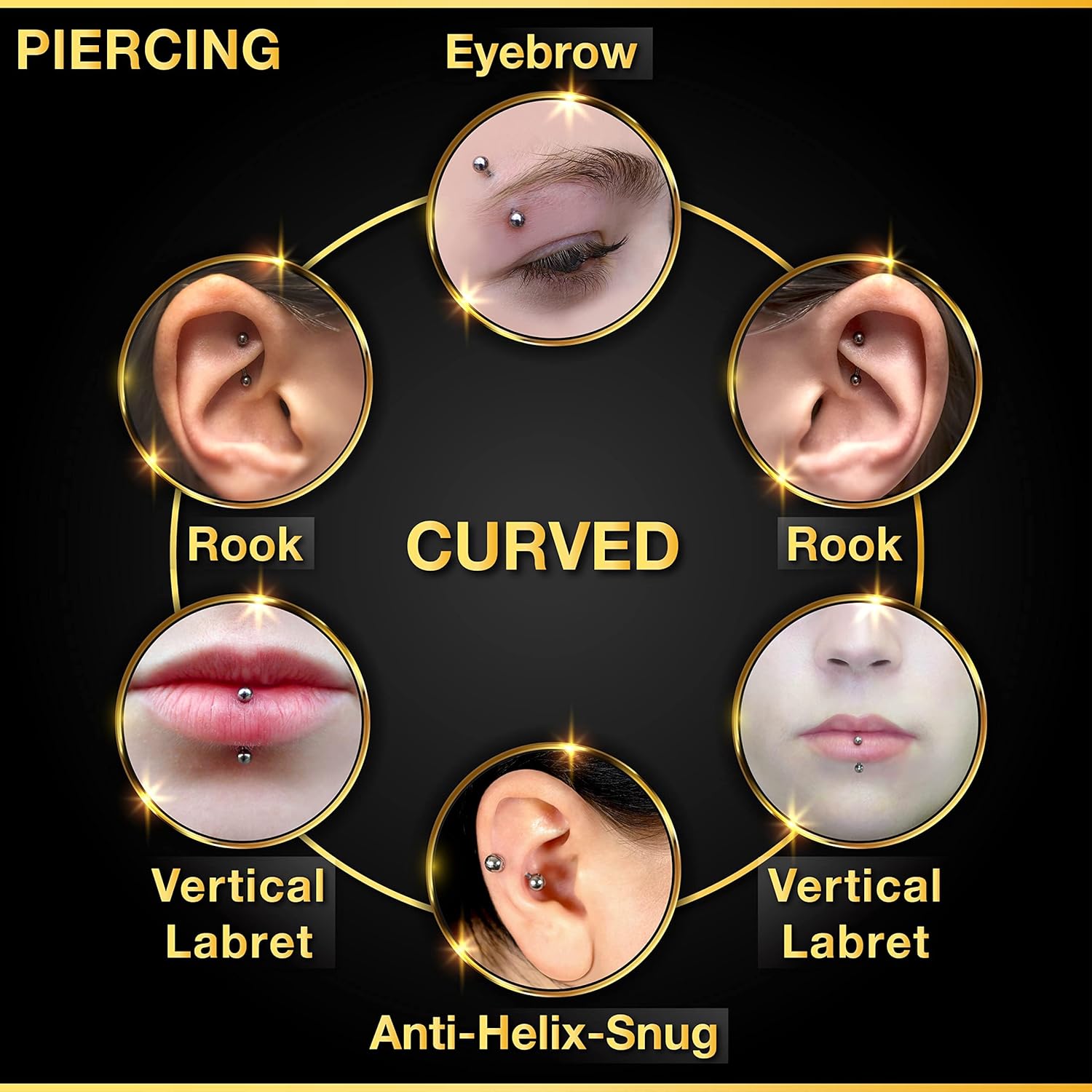 32個セット サージカルスチール製 カーブバーベル 小さな眉 - Rook Curved Barbell のレビューと価格