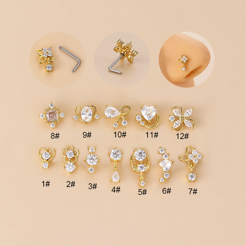 20G L字型キュービックジルコニアノーズスタッド、サージカ - Body Jewelry Nose Ring のレビューと価格