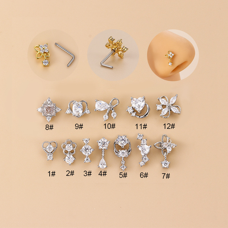 20G L字型キュービックジルコニアノーズスタッド、サージカ - Body Jewelry Nose Ring のレビューと価格