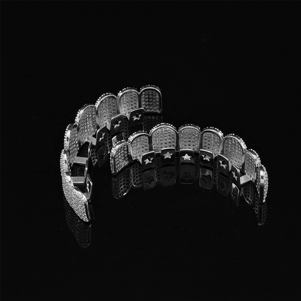 シルバーメッキのフルアイスアウトCZジルコン歯グリルズ上下セ - Body Jewelry Art のレビューと価格