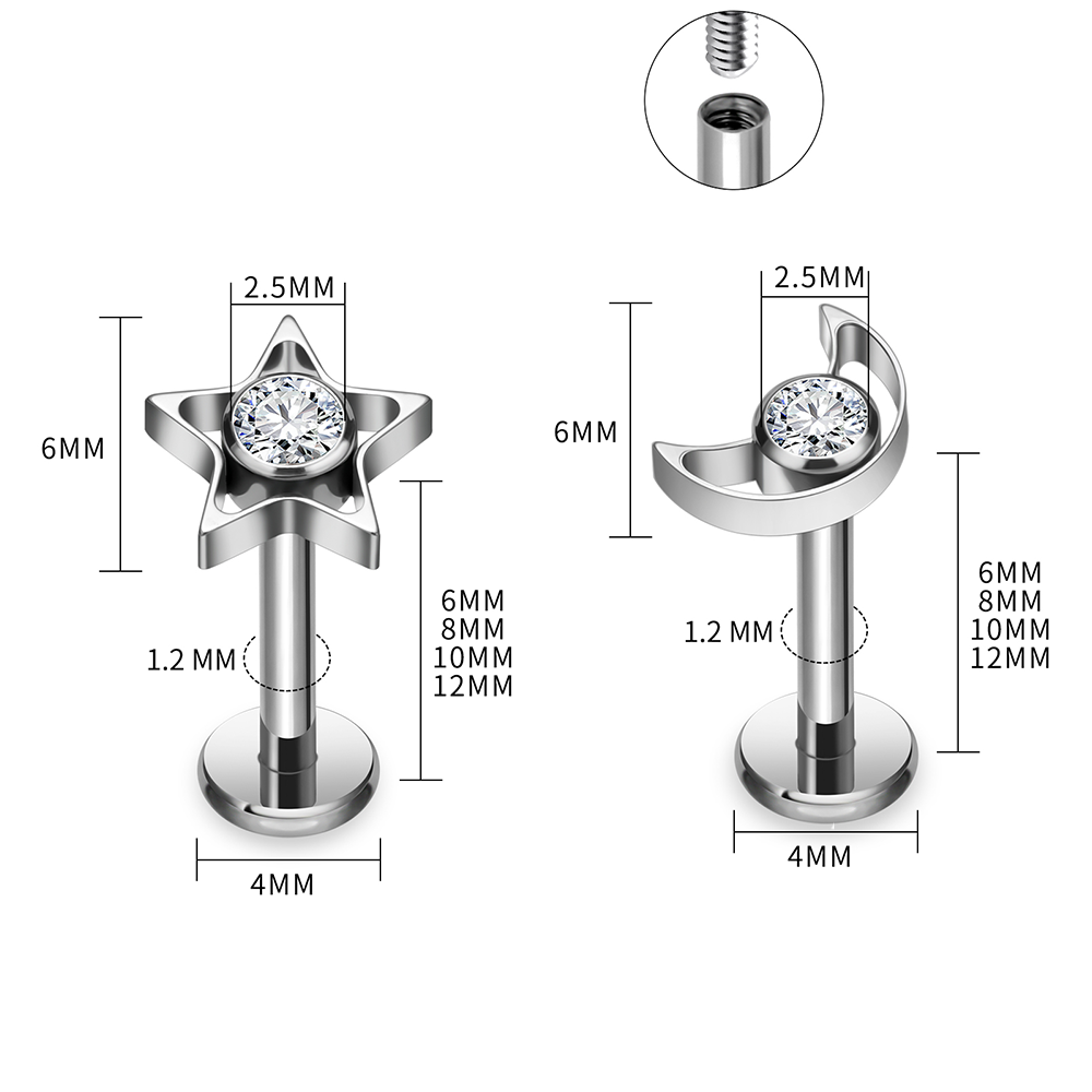 G23チタン製スタームーンラブレットロット、インターナルネジ - Body Jewelry Vertical Labret のレビューと価格