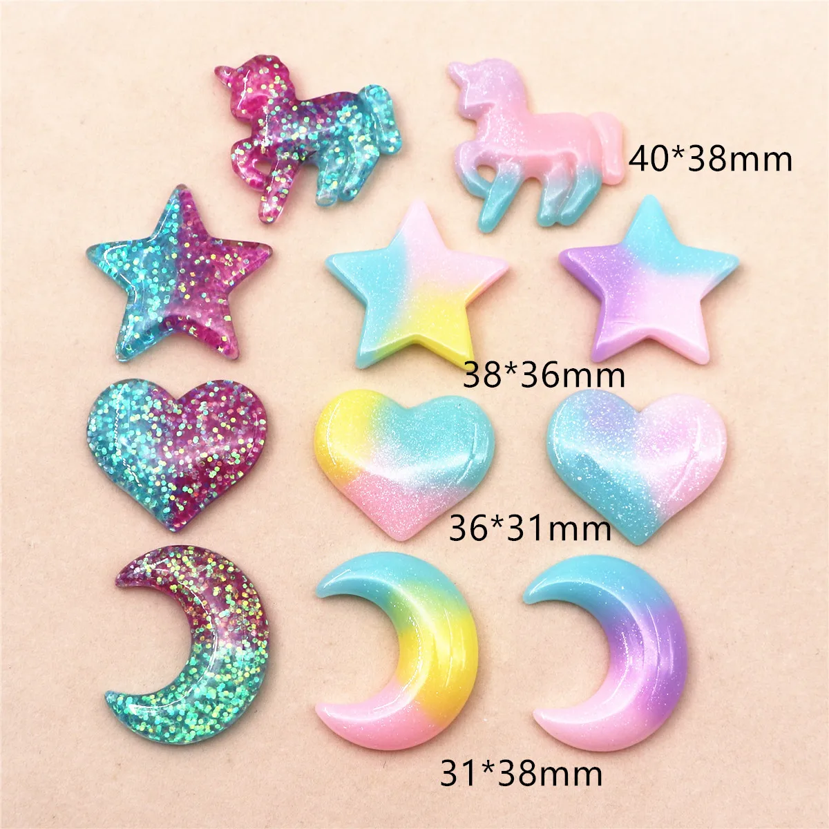 10 個の愛らしい樹脂グリッター 5 つ星/ハート/ムーン/ - Star Flat Back のレビューと価格